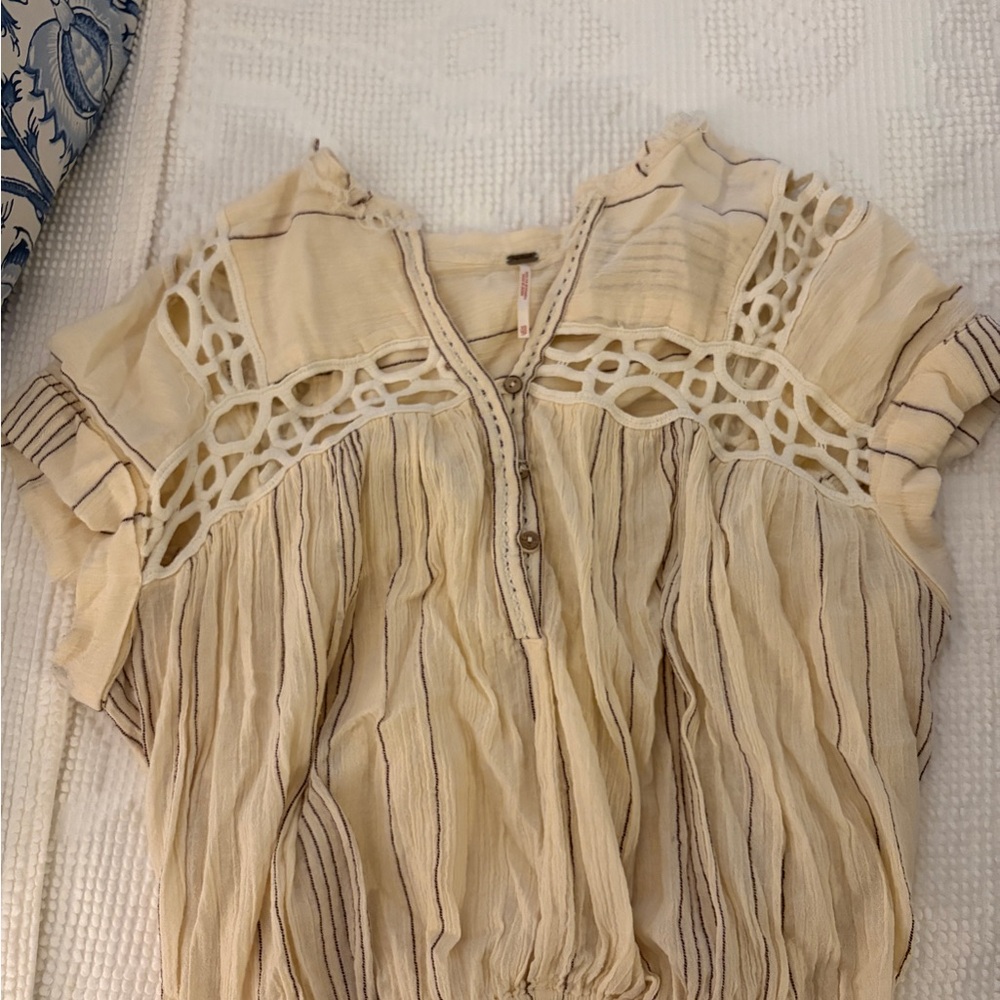 Free People Cream Crochet-Yoke Striped Crop Top